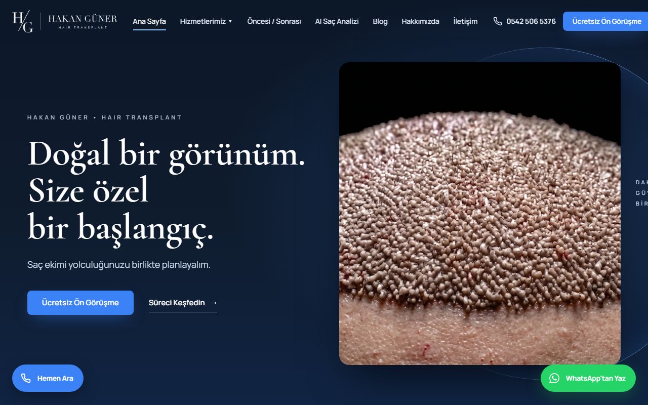 Hakan Güner Hair Transplant Clinic web sitesi ekran görüntüsü