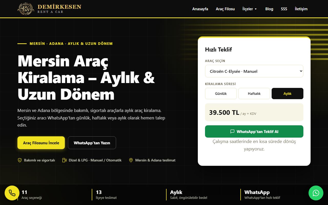 Demirkesen Rent A Car web sitesi ekran görüntüsü